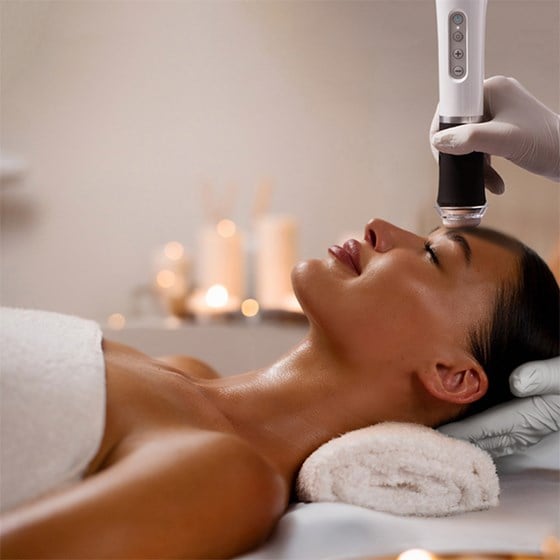 A serene spa setting showcasing a woman receiving a professional facial treatment using advanced skincare technology.