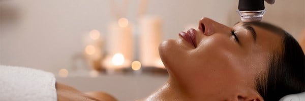 A woman receives a relaxing facial treatment using a modern skincare device in a serene spa setting with soft candlelight in the background.