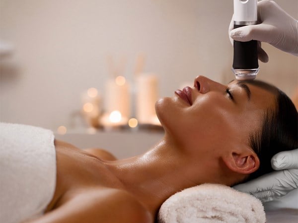 A serene spa setting showcasing a woman receiving a professional facial treatment using advanced skincare technology.