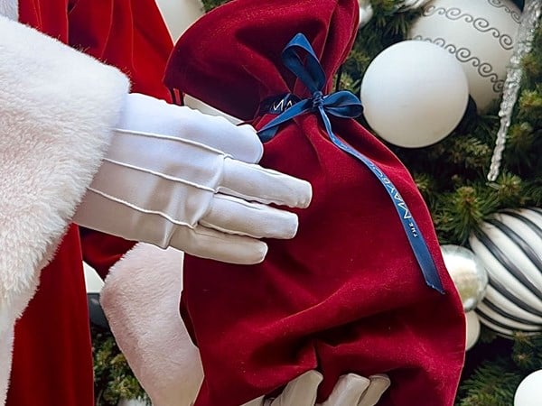 A gloved hand holding a festive red velvet pouch adorned with a sleek ribbon, against a backdrop of holiday decorations.